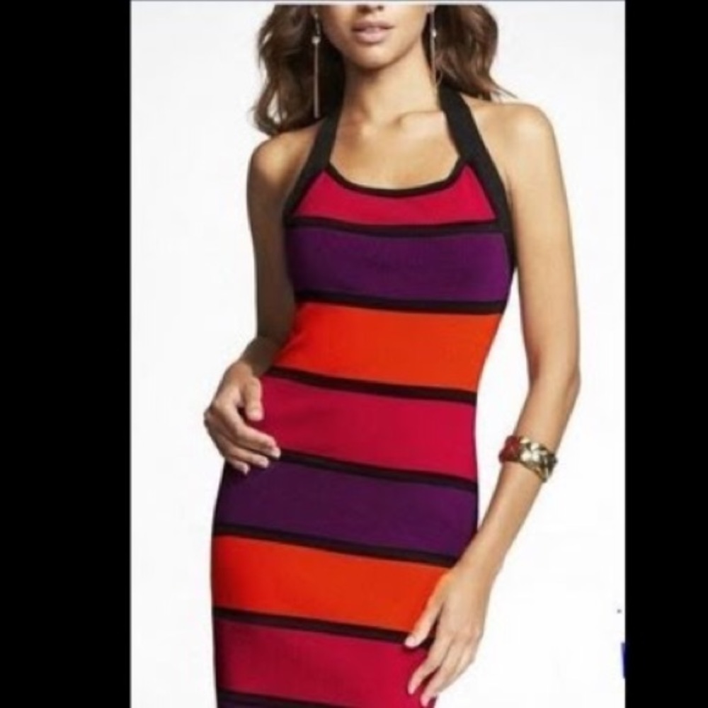 Express medium colorblock bandage halter dress